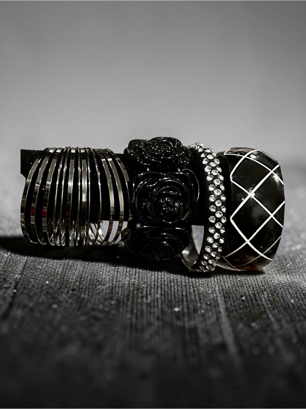 Chunky Black Bangle Bracelet Stack Set Gothic Rhinestone Rose Quilted Geometric